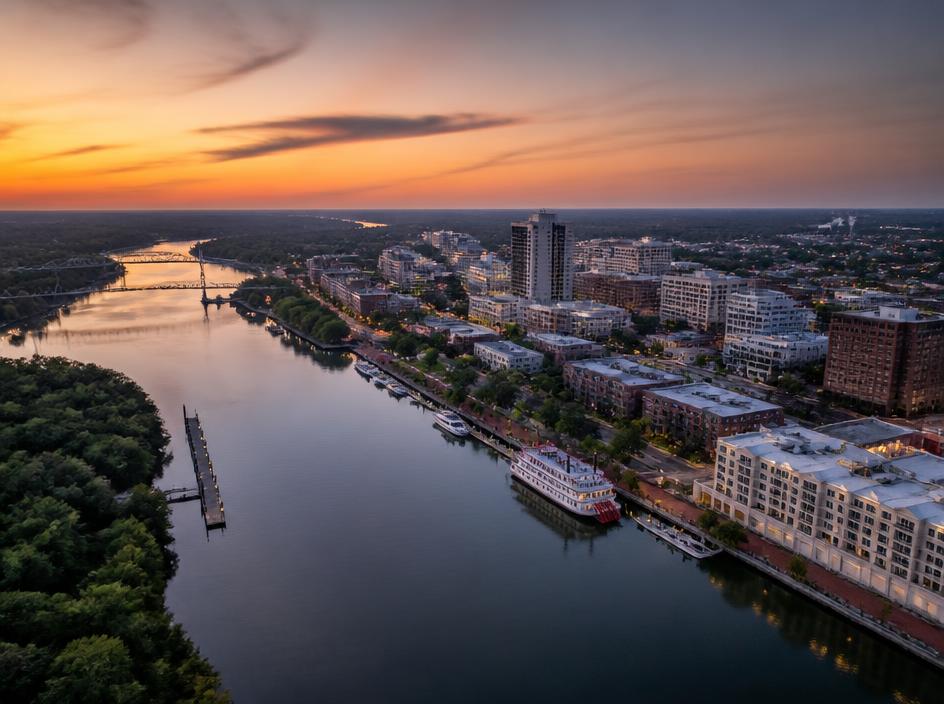 Aerial view of the Savannah River and the Augusta skyline at dusk