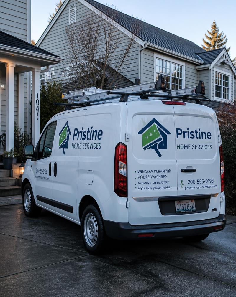 Branded home service van parked in a suburban Augusta driveway at sunrise
